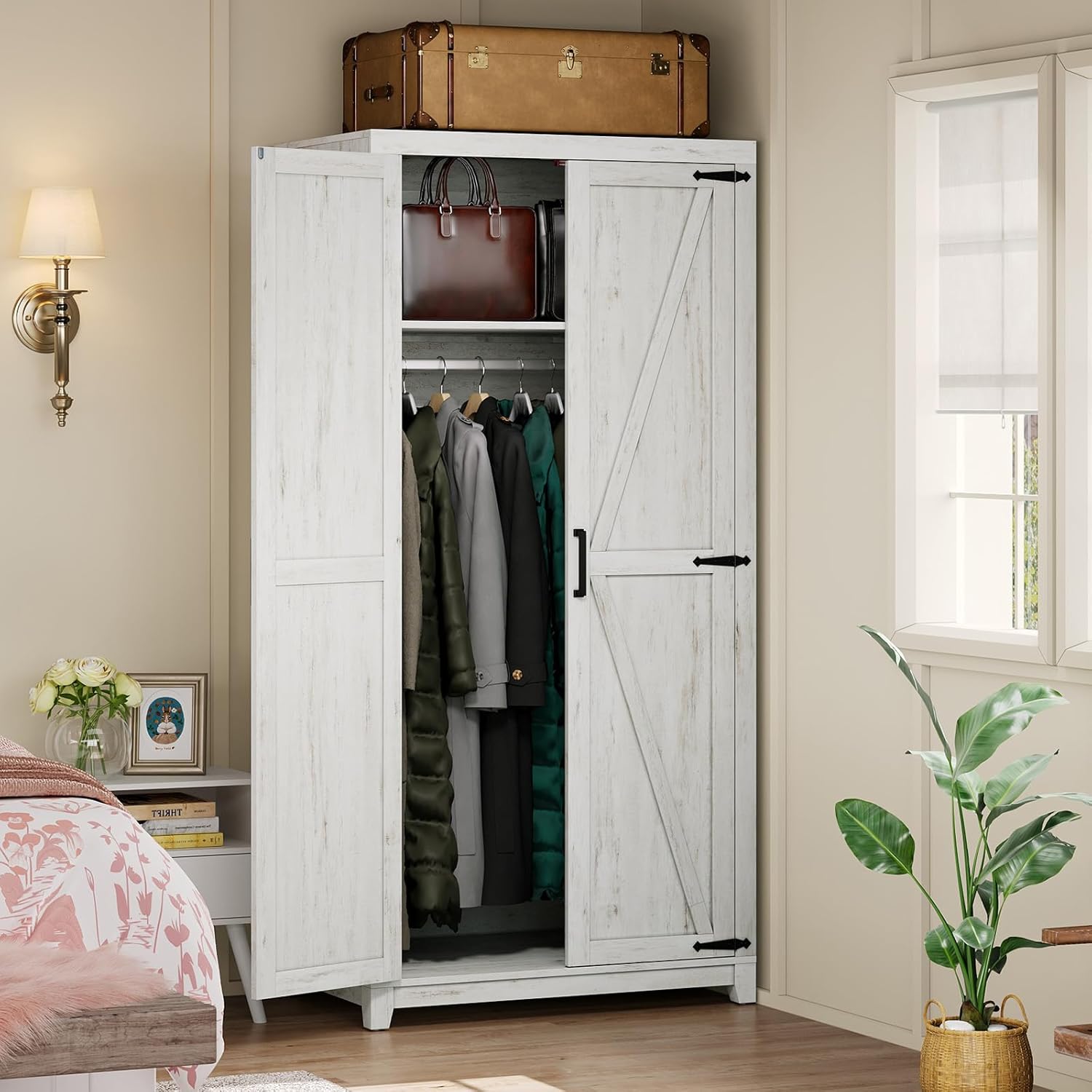 LUXOAK 70' Large Armoire Wardrobe Closet with Hanging Rod, Farmhouse Clothing Storage Cabinet with 2 Barn Doors, Wooden Tall Bedroom Armoires with Shelf, Distressed White