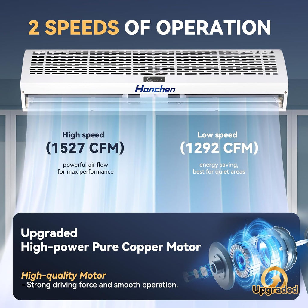 Hanchen 40 Inch Air Curtain 【2026 NEW VERSION】 Magnetic Door Switch 2 Speeds 1527/1292 CFM Uncooled&Unheated Remote Control Super Power Commercial Indoor Heavy Duty Air Door Fan 110V