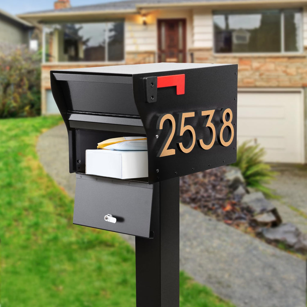 Whitehall MailVault Streetside Locking Mailbox with Post, Personalize with Modern Stand-Off Address Numbers Package – Steel, Secure Weather Resistant Modern Square Mailbox (Black/Gold)