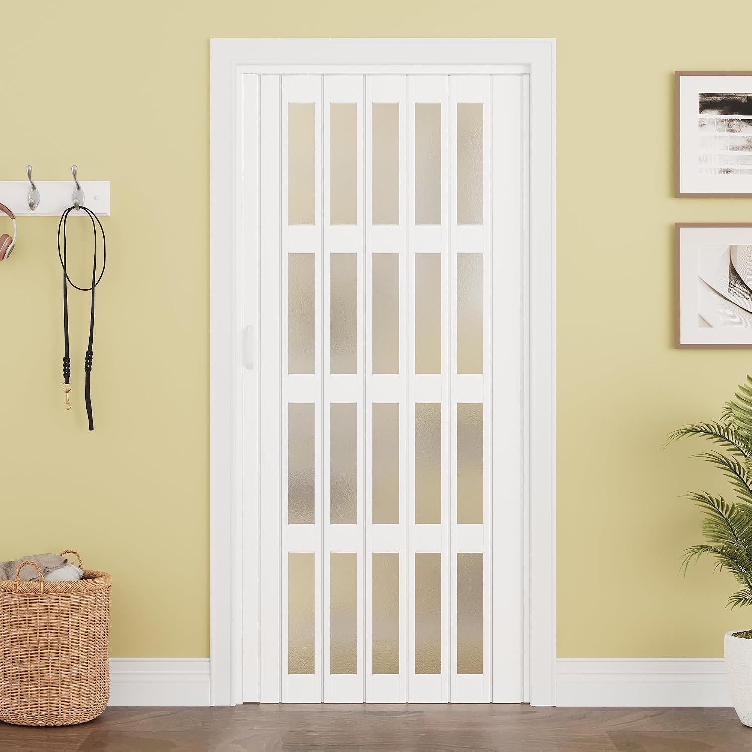 WINSTELLAR 36' x 80' Enhanced Accordion Doors with 4 Frosted Acrylic Panels, Bifold Closet Door Hardware Kit Included, PVC Interior Folding Doors with 2 Handles for Closet Bathroom Doorways