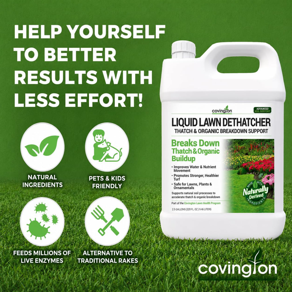 Covington Liquid Lawn Dethatcher (2.5 Gal) – Liquid Aerator Concentrate & Humic Thatch Remover, Soil Softener & Grass Thatch Buster for Lawns & Gardens – Kids & Pet Safe, Made in USA