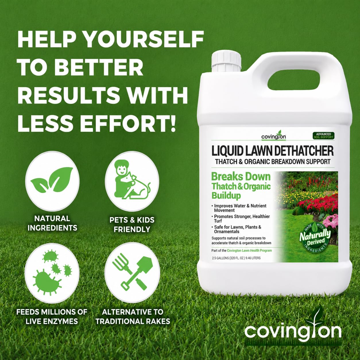 Covington Liquid Lawn Dethatcher (2.5 Gal) – Liquid Aerator Concentrate & Humic Thatch Remover, Soil Softener & Grass Thatch Buster for Lawns & Gardens – Kids & Pet Safe, Made in USA