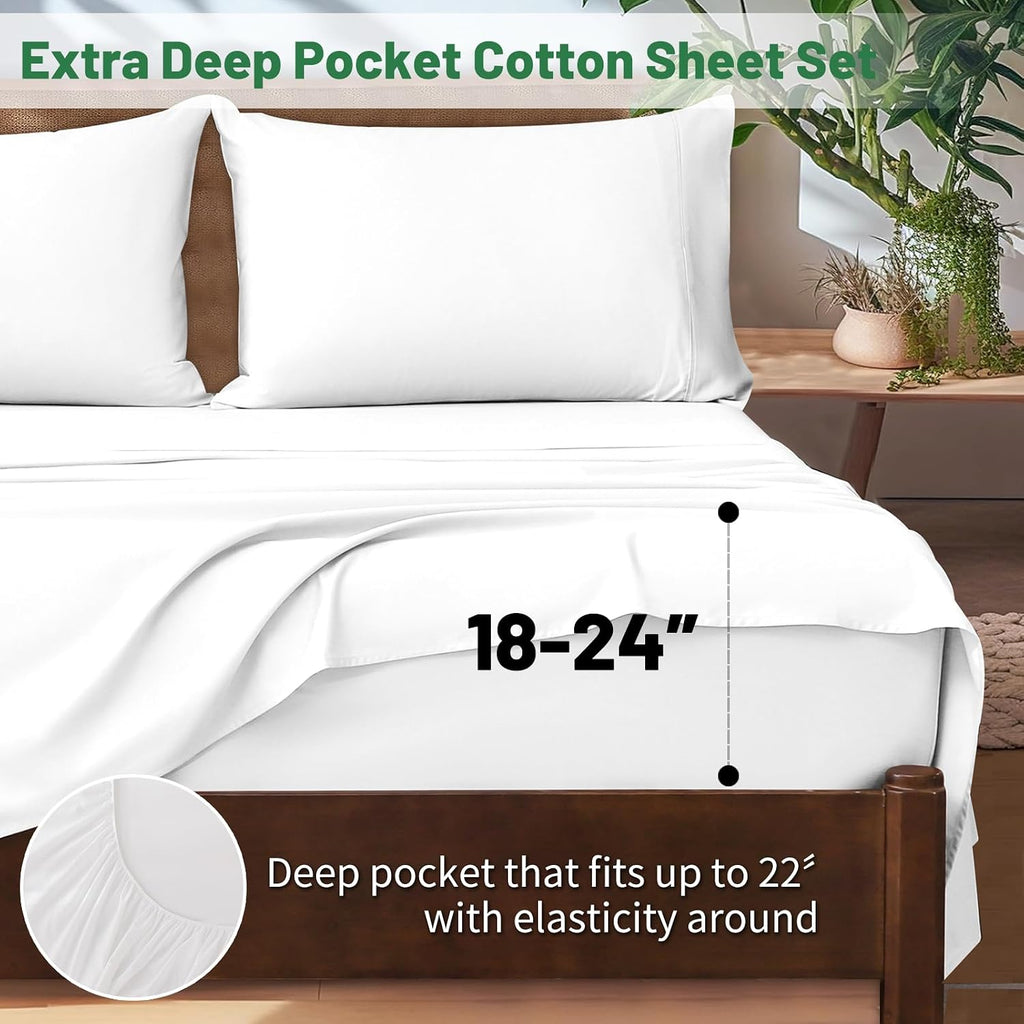 Extra Deep Pocket California King Sheets 18-24 Inch 100% Egyptian Cotton 1000 Thread Count Sateen Weave Soft Breathable 4 Pieces（California King,White）