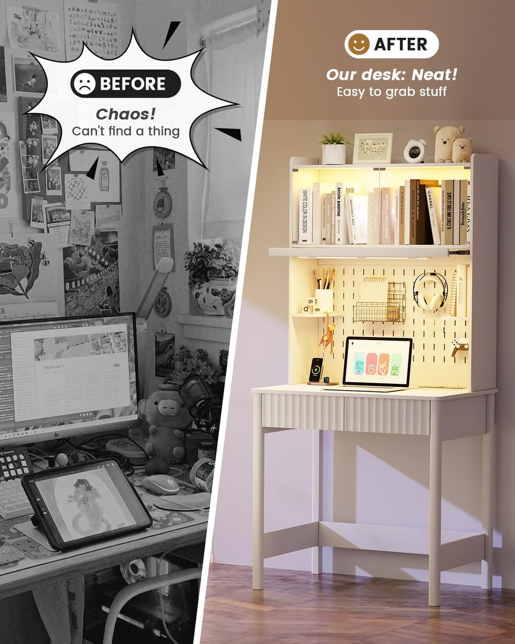 HNEBC White Computer Desk - with Power Outlets & Chariging Station,Small Writing Desk with Hutch and Drawers,66.3''H Office Desk with Pull-Out LED Lights,Pop-up Glass Door,Pegboards,Bedroom
