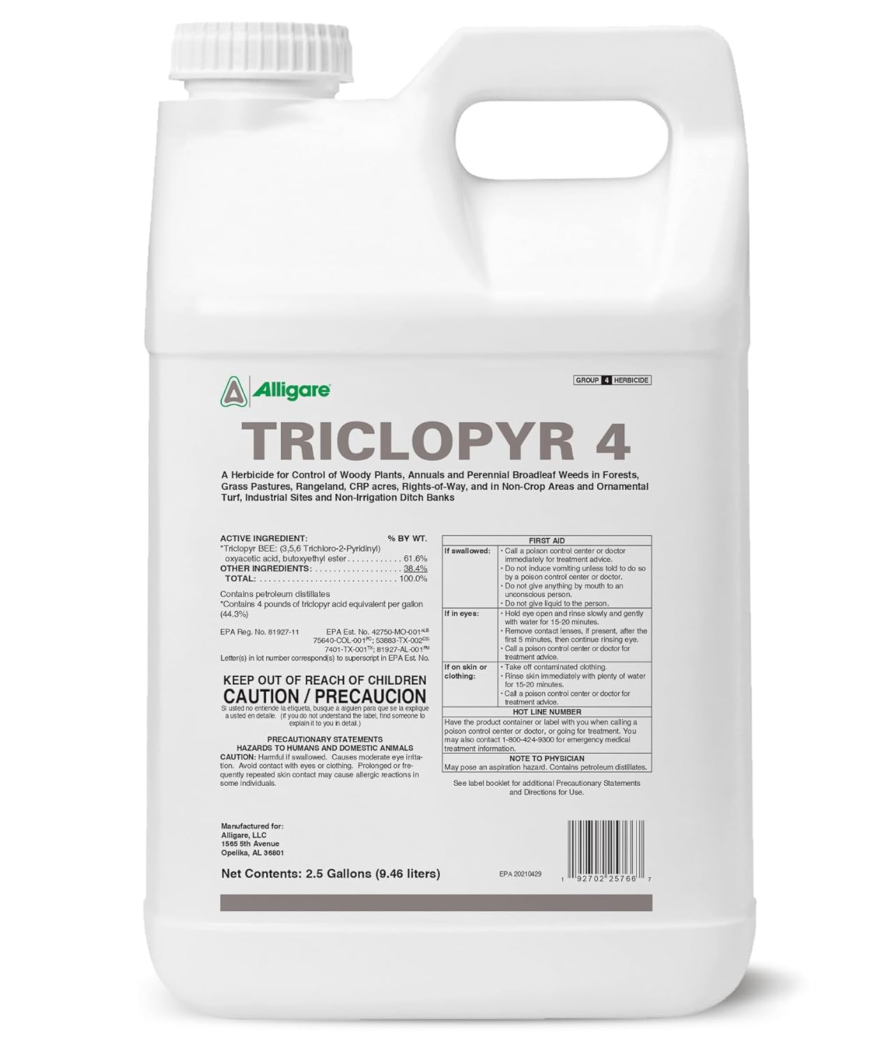 ALLIGARE - Triclopyr Herbicide 4 EC Selective Weed Killer for Woody Plants, Brush for Forestry, Pastures, Rights-of-Way, Wetlands & Industrial Sites - Compare to Garlon 4 & Remedy - 2.5 Gallon