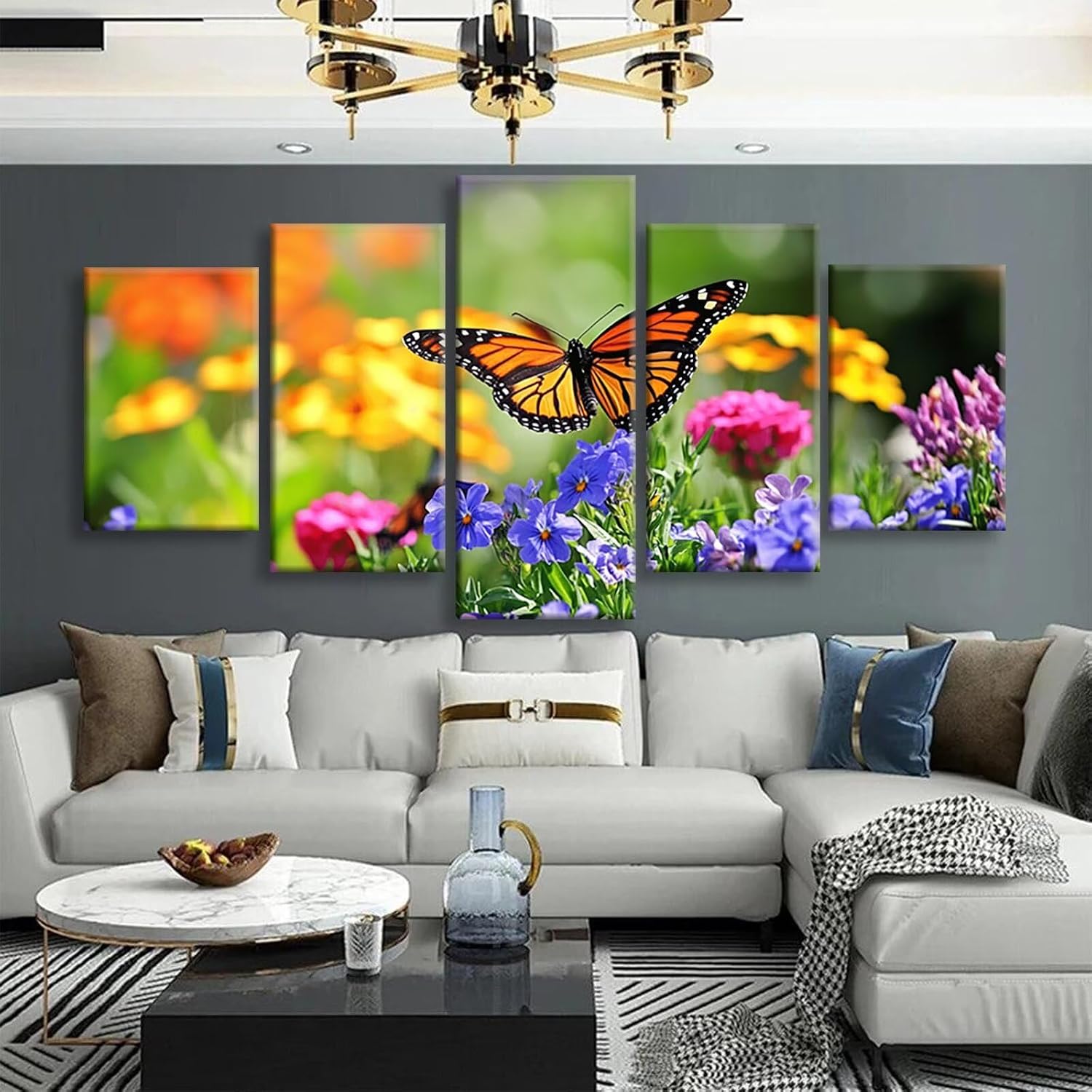 Butterfly Diamond Art 5 Piece Diamond Painting Flowers 5D DIY Full Round Drill Dimond Art Paintings Crystal Crafts for Adults Gem Painting for Home Decor, Large Artwork for Wall 36 x 70 Inch, Model219
