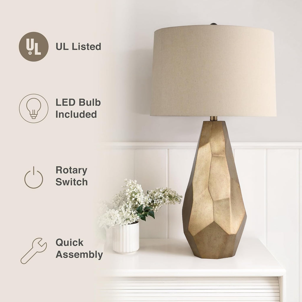 Abani Table Lamp Lia Faceted 31.5' – Modern Glam Gold Resin Base with Wheat Linen Shade – E26 Bulb Included – Elegant Desk Lamp for Bedroom, Living Room Lamp, Dorm or Nightstand