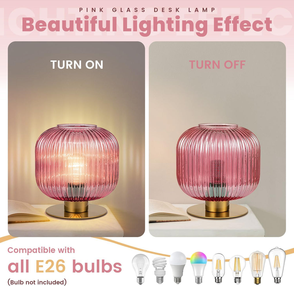 Glass Lamps Set of 2, Vintage Gold Table Lamps for Living Room End Table, Mid Century Bedside Table Lamp with Ribbed Glass Globe, Cute Desk Lamp Pink Nightstand Lamp for Girls Bedroom