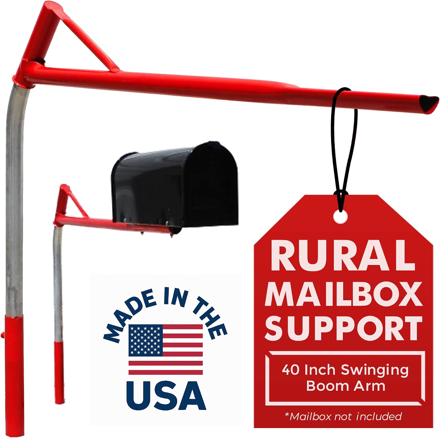 Mailbox Support Post with Swinging Boom Arm, No Dig Post, Galvanized Steel, Ideal for Both Rural and Residential, for All Mailbox Types (Accessories Sold Separatey), Made in The USA (Red)