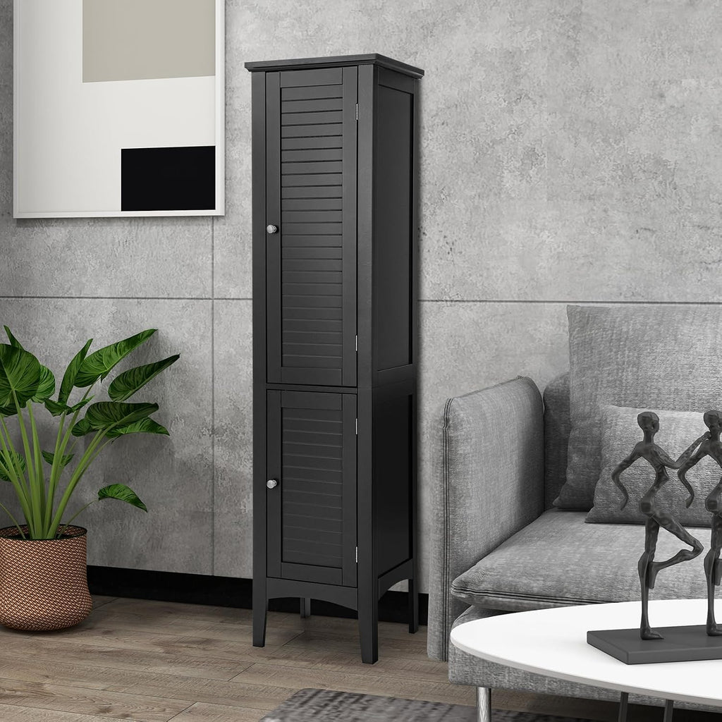 COSTWAY Tall Bathroom Storage Cabinet, 5-Tier Freestanding Linen Tower Cabinet with 2 Doors, Wooden Side Storage Organizer, Narrow Slim Floor Cabinet for Bathroom, Living Room, Kitchen (Black)