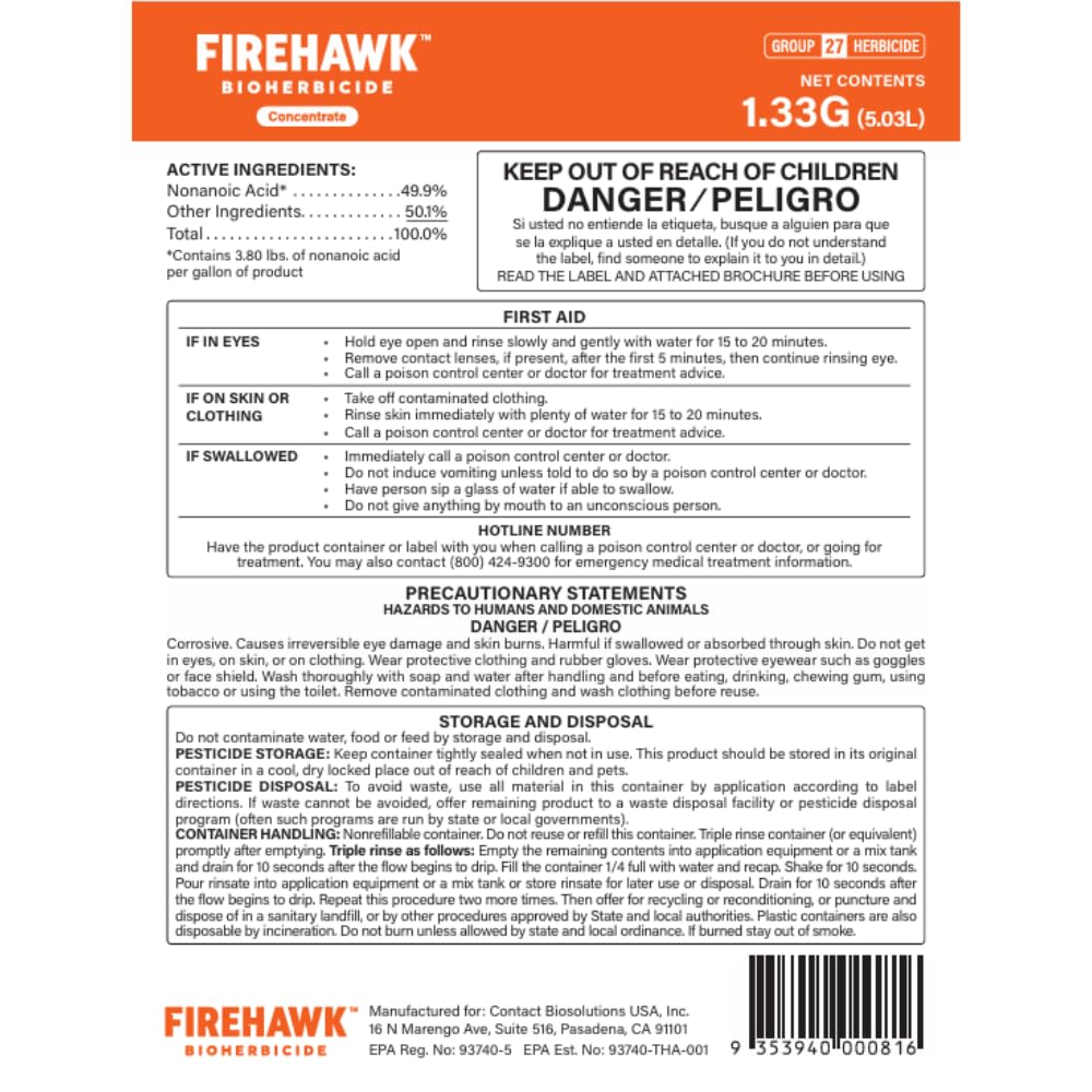 FireHawk® Bioherbicide 1.33 Gal Concentrate – High Performance Weed and Grass Killer – Visible Results in Hours. for the Control of Broadleaf Weeds, Grasses & Mosses – Makes 28 Gallons of Solution