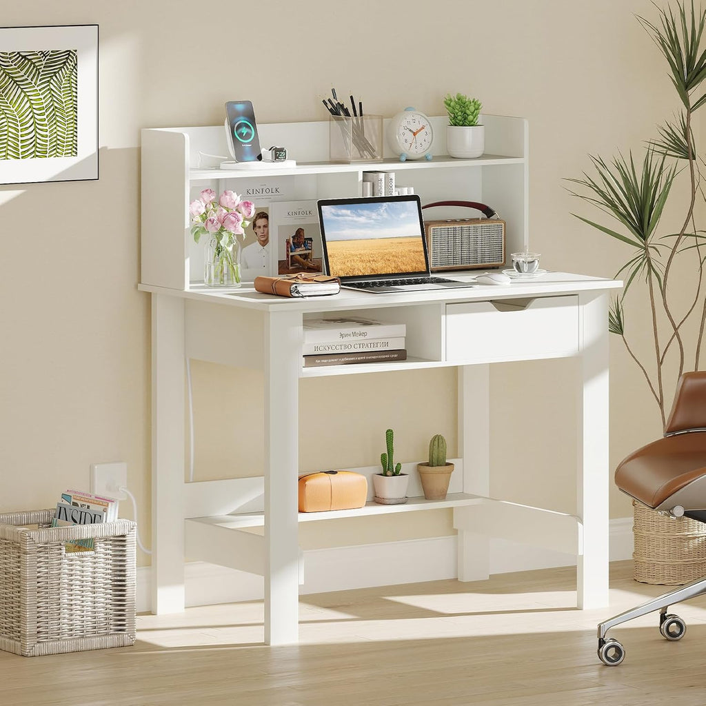 Giantex White Computer Desk with Hutch, Home Office Desk with Power Outlets, USB Ports, Type-C, Storage Shelf & Drawer, Modern Laptop PC Table Computer Workstation, Study Writing Desk for Bedroom