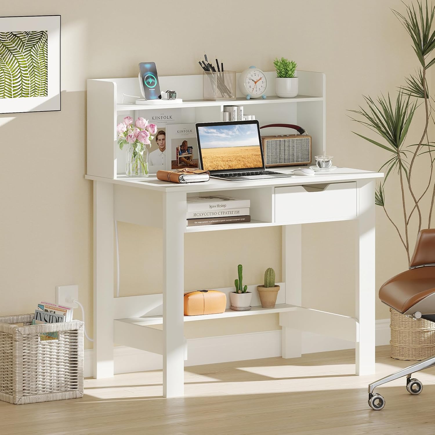 Giantex White Computer Desk with Hutch, Home Office Desk with Power Outlets, USB Ports, Type-C, Storage Shelf & Drawer, Modern Laptop PC Table Computer Workstation, Study Writing Desk for Bedroom