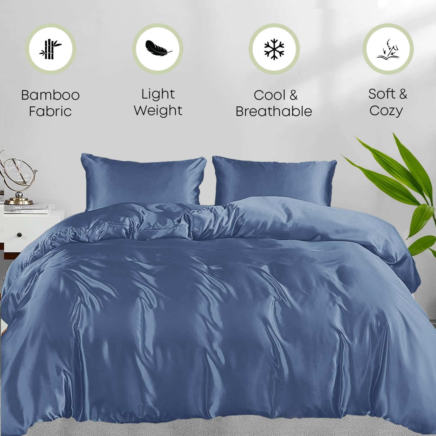 Linenwalas Duvet Cover Set Queen Size - Viscose Derived from Bamboo Soft, Breathable, Light Weight, Zipper Closure and Corner Ties Cooling Comforter Cover with Fitted Sheet (Queen, Bahamas Blue)
