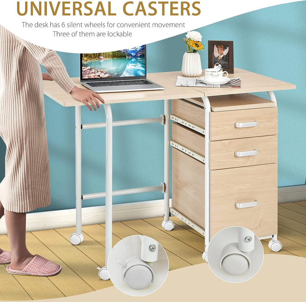 Tangkula Folding Computer Desk with 3 Storage Drawers, Mobile Home Office Desk Study Writing Desk with Smooth Wheels, Space Saving Compact Desk for Dorm Apartment, Rolling Folding Desk Table