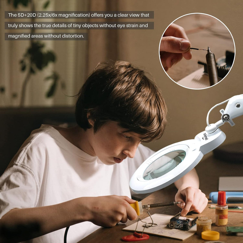 Bifocals Magnifying Desk Lamp with Clamp, 5 Diopter with 20 Diopter, 6 Inch Detachable Lens and 120PCS LEDs, 3 Color Modes 1200 Lumens Swivel Arm Magnifying Lamp with Light for Crafts (White)