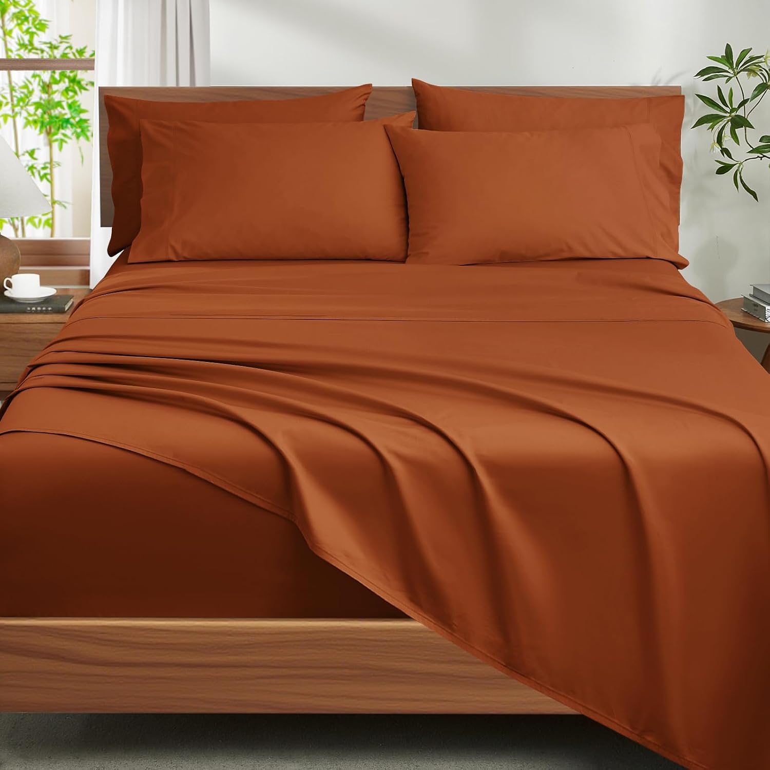 Ivellow 100% Egyptian Cotton Sheets King Size Set - 1200 Thread Count 6 PC 18' Deep Pocket King Size Bed Sheet Set，Durable Hotel Quality Luxury Soft Breathable Burnt Orange Cooling Sheet Sets Bedding