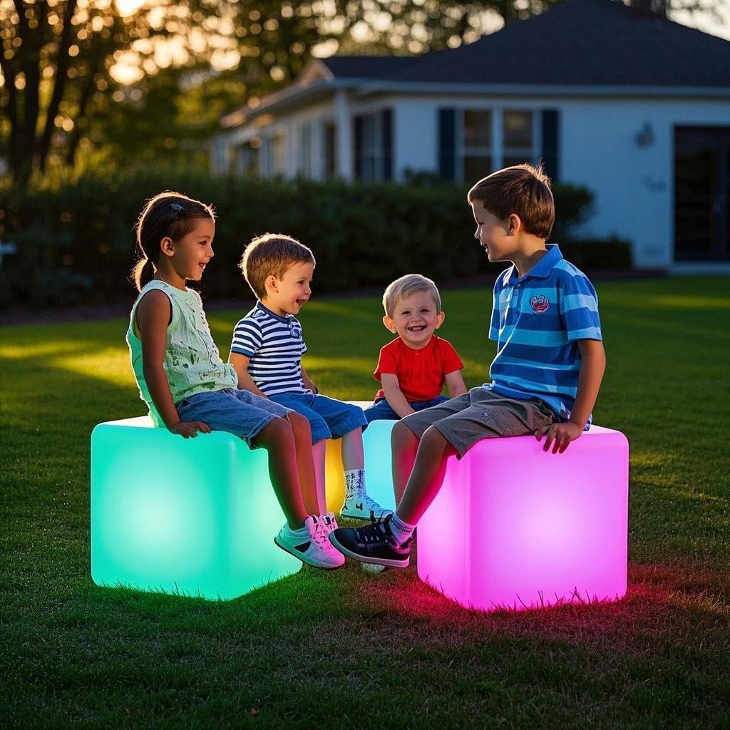 Mr.Go 14-Inch Color Changing LED Cube Light Stool, Glow Cube Seat for Kids, Modern LED Light Side Table, 16 RGB Colors Mood Lighting, Ideal for Home Garden Patio Bar Pool Party Decorative Lighting