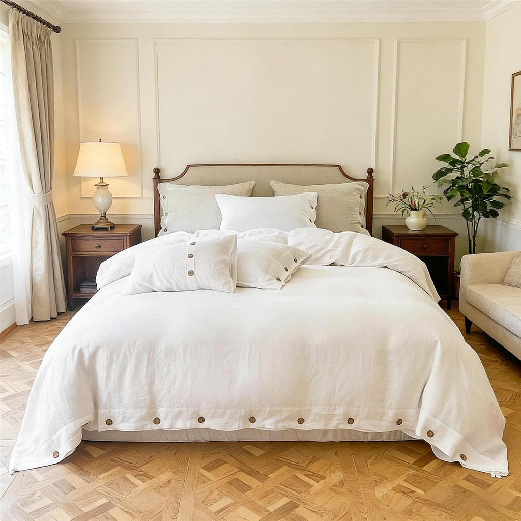 Simple&Opulence 100% Linen Duvet Cover Set 3pcs with Coconut Button Closure Natural French Washed Flax Solid Color Soft Breathable Farmhouse Bedding - White, Queen Size