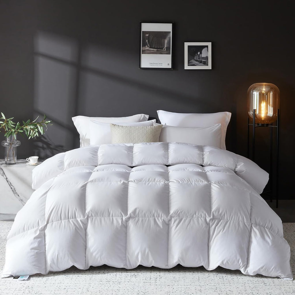 L LOVSOUL Goose Feather Down Fiber Comforter Oversize King Size, 100% Organic Cotton Fabric Duvet Insert,1200TC,750+Fill Power, Hotel Collection, All Season White Bedding Comforters with 8 Tabs
