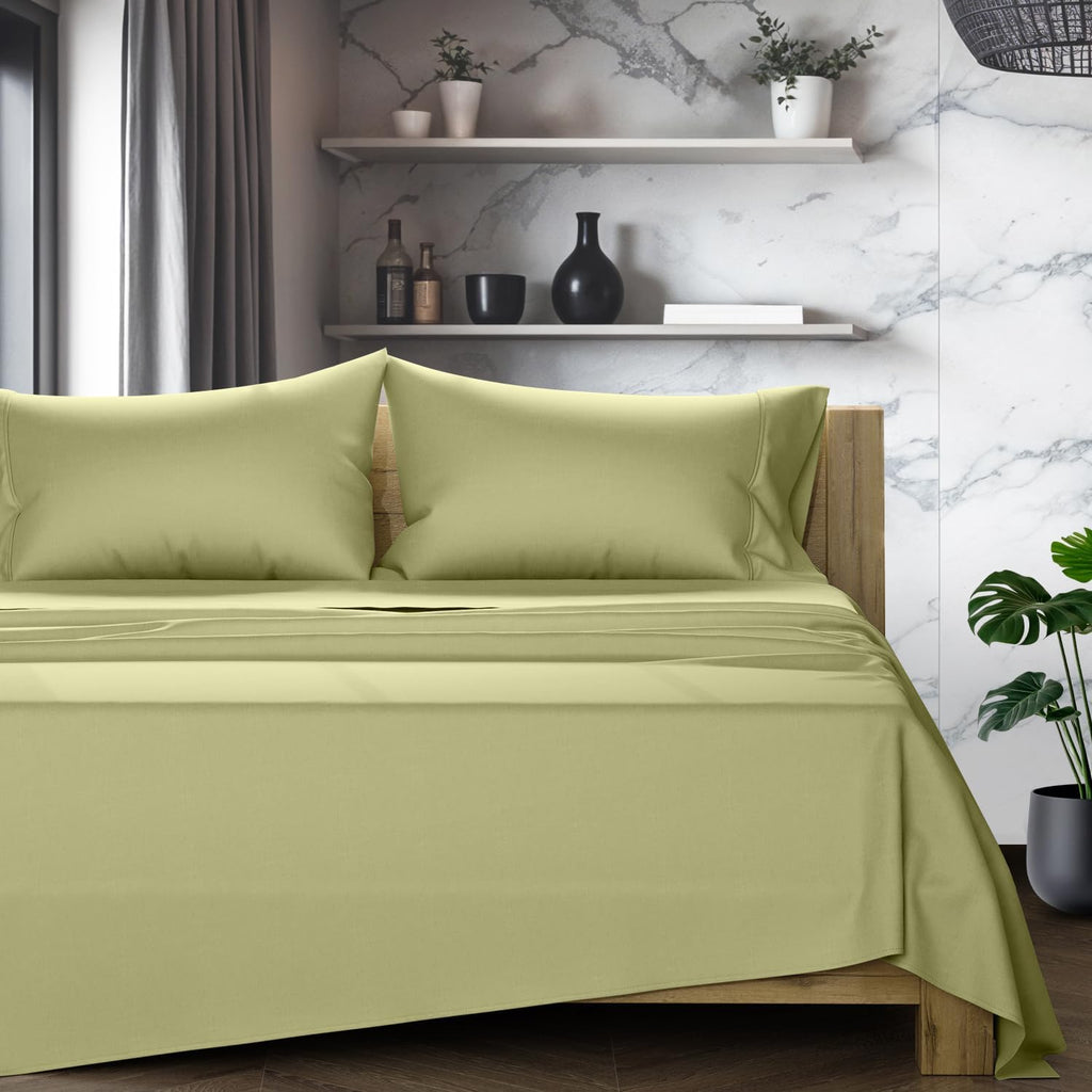 TEXAS LINEN CO. 100% Egyptian Cotton Queen Sheets Set - Luxury 1200 Series Star Sleepin' Collection Egyptian Cotton Sheets Queen Size (4 PC, Sage Green), 17' Deep Pocket, Cooling Sateen Hotel Bedding