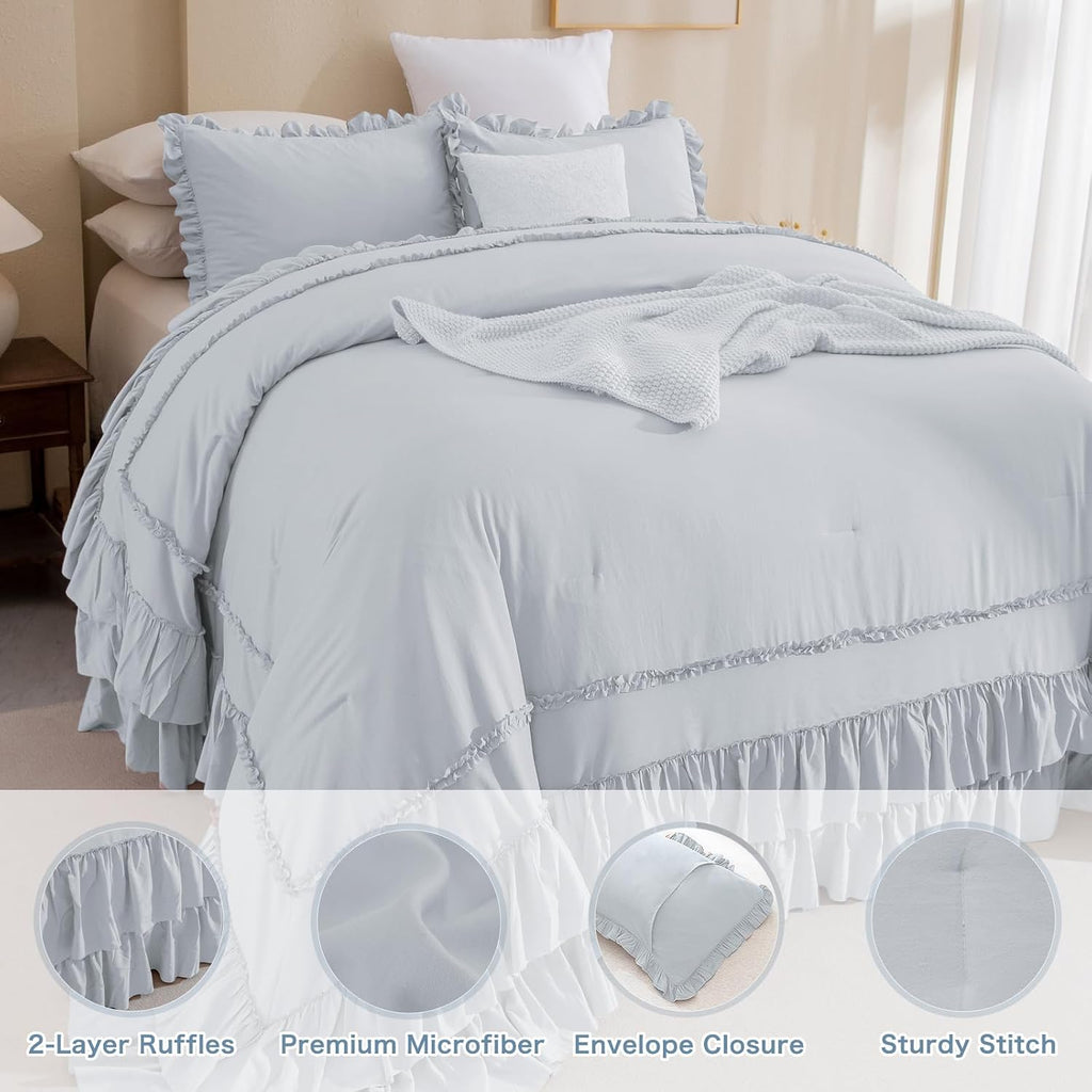 Masaca Oversized King Comforter 128x120,3 Pieces Vintage Farmhouse Ruffled Bedding Comforter Set Lightweight Ultra Soft French Country Bedding (1 Light Blue Ruffle Comforter +2 Pillowcases)