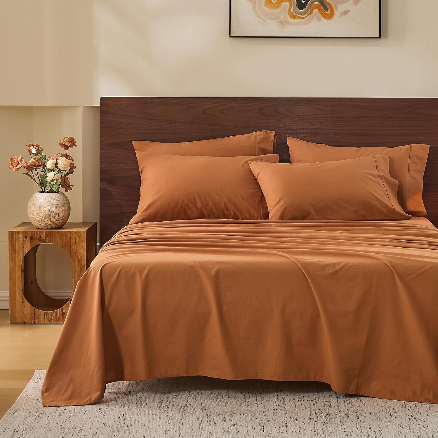 MEISHANG 100% French Pure Linen Sheets Queen Size - Bed Sheets 4 Piece Sets, Soft Durable Flax Linen, Anti-Tear Breathable Oeko-Tex Certified with 16' Deep Pocket (Brown)