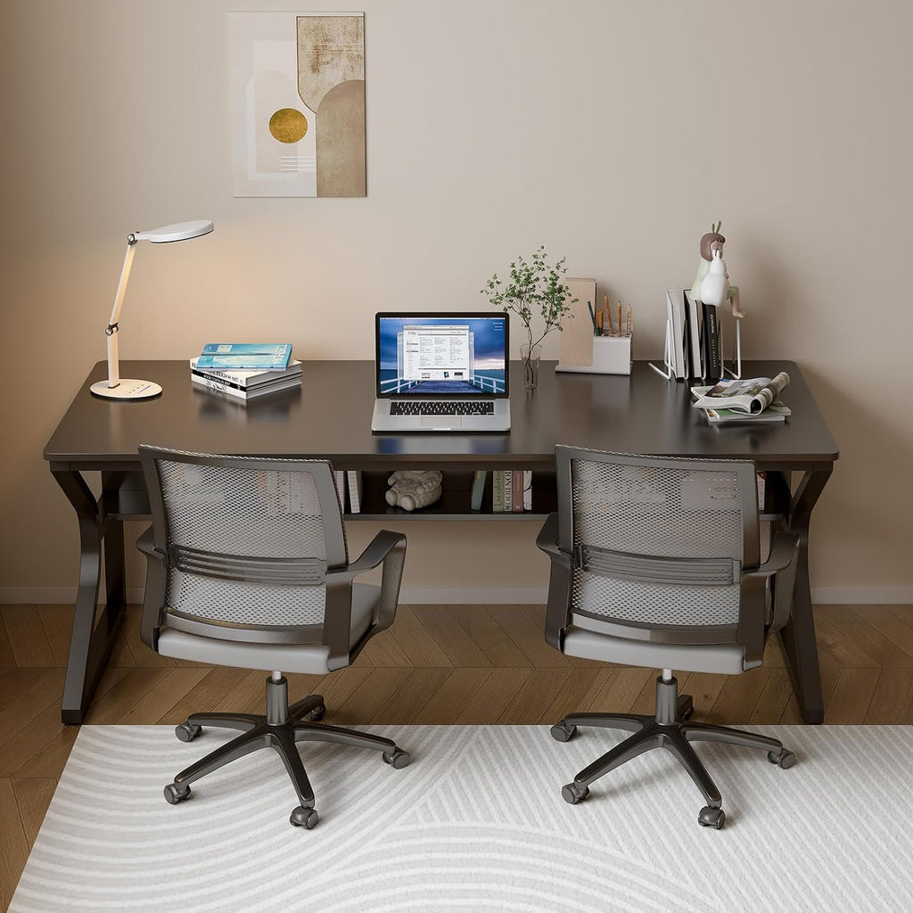 OSCHF Extra Long Desk with Bookshelf - 63' Double Long Writing Table for 2-Person Workstation, Modern Study Work Computer Desk for Home and Office, Black