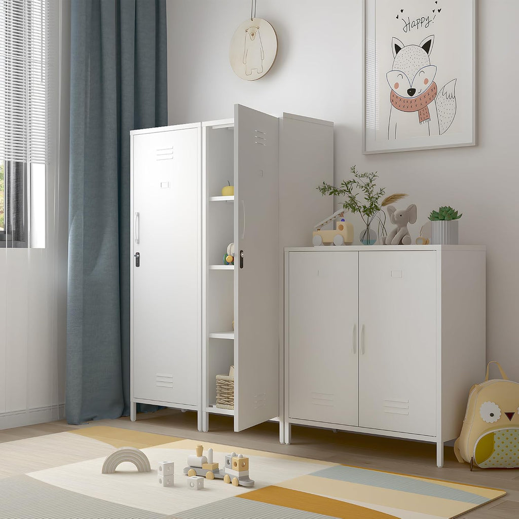 Narrow Pantry Cabinet Metal Skinny Cabinet Lockable Storage Cabinet with Door and Removable Shelves for Kitchen Pantry (White)