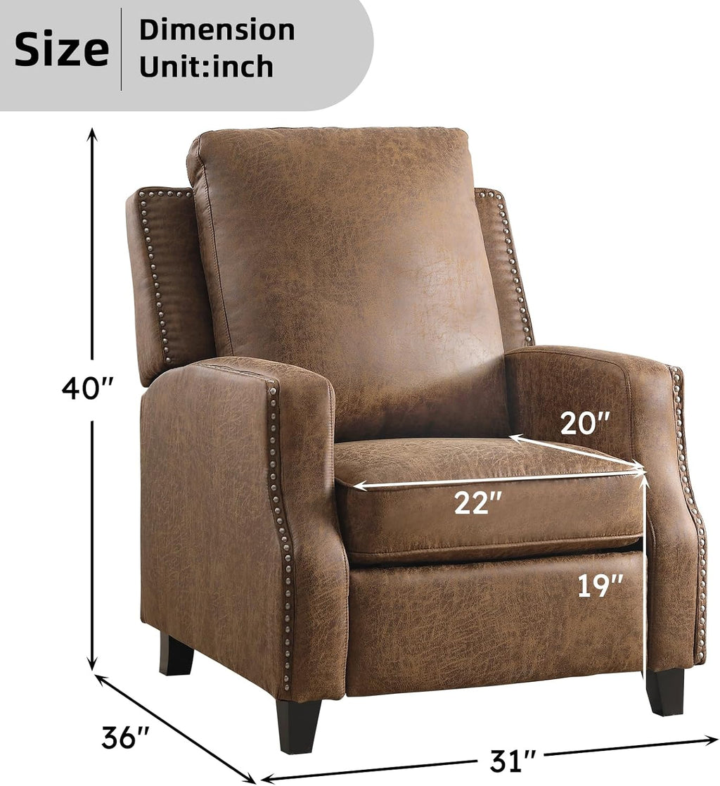 Push Back Recliner Chair Faux Leather Pushback Armchair with Rivet Decoration Wingback Single Sofa Chair with Padded Seat Solid Wood Legs for Living Room, Comfy Upholstered Set of 2, Brown