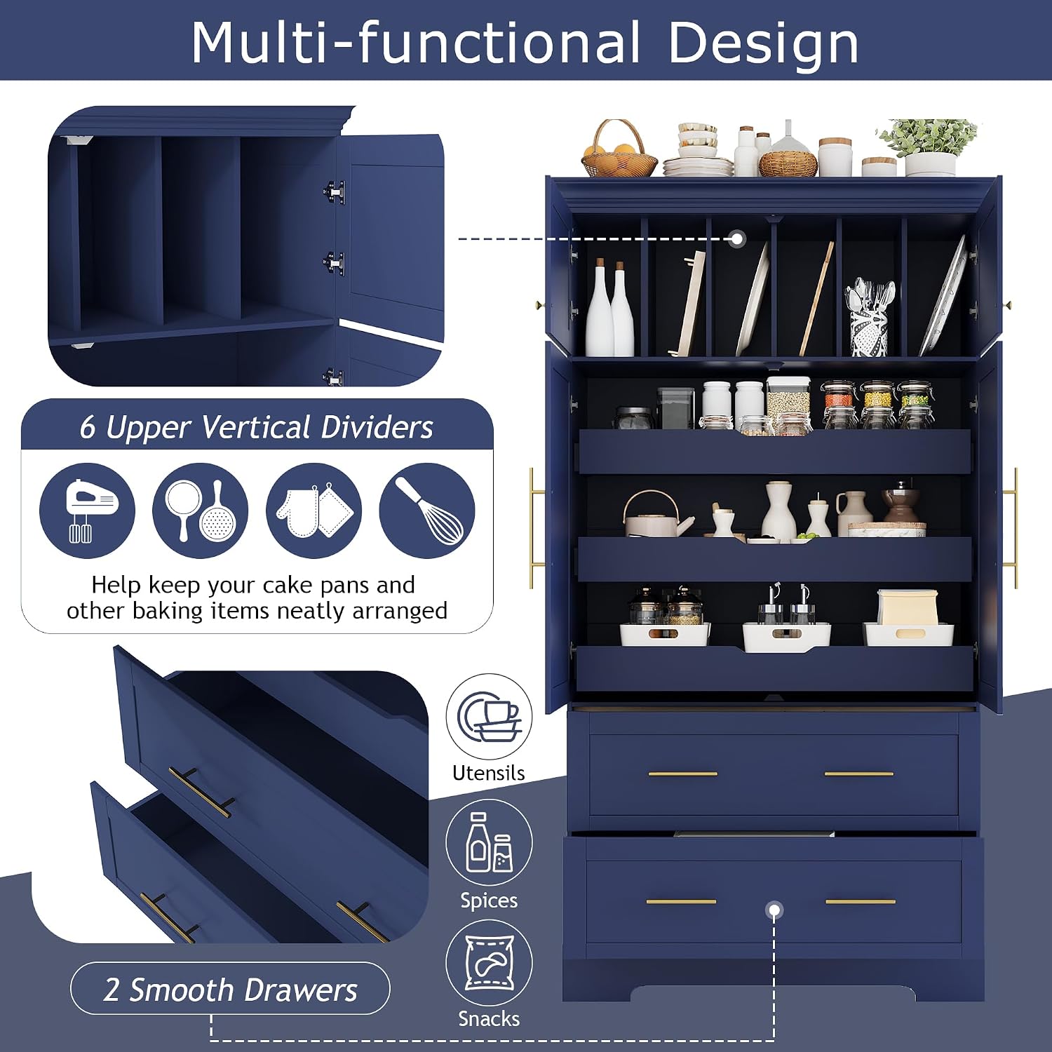 Freestanding Kitchen Pantry Storage Cabinet, 72.6''H Tall Wooden Kitchen Organizers with 2 Doors, Pull-Out Trays, 2 Drawers and Cake Pan Storage for Dining Room Living Room (Blue-1.12)