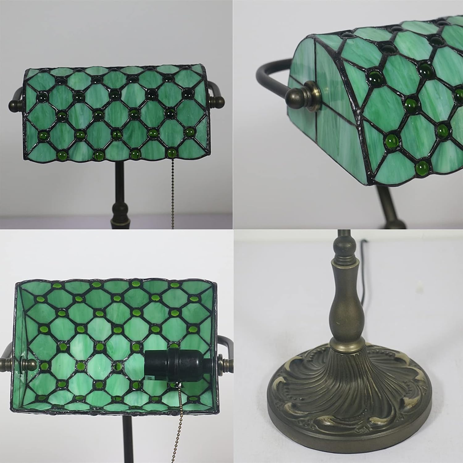 Tiffany Style Bankers Table Lamp Stained Glass Piano Desk Lamp Vintage Bedroom Bedside Lamp for Study,Antique Alloy Base,Zipper Switch,Green a