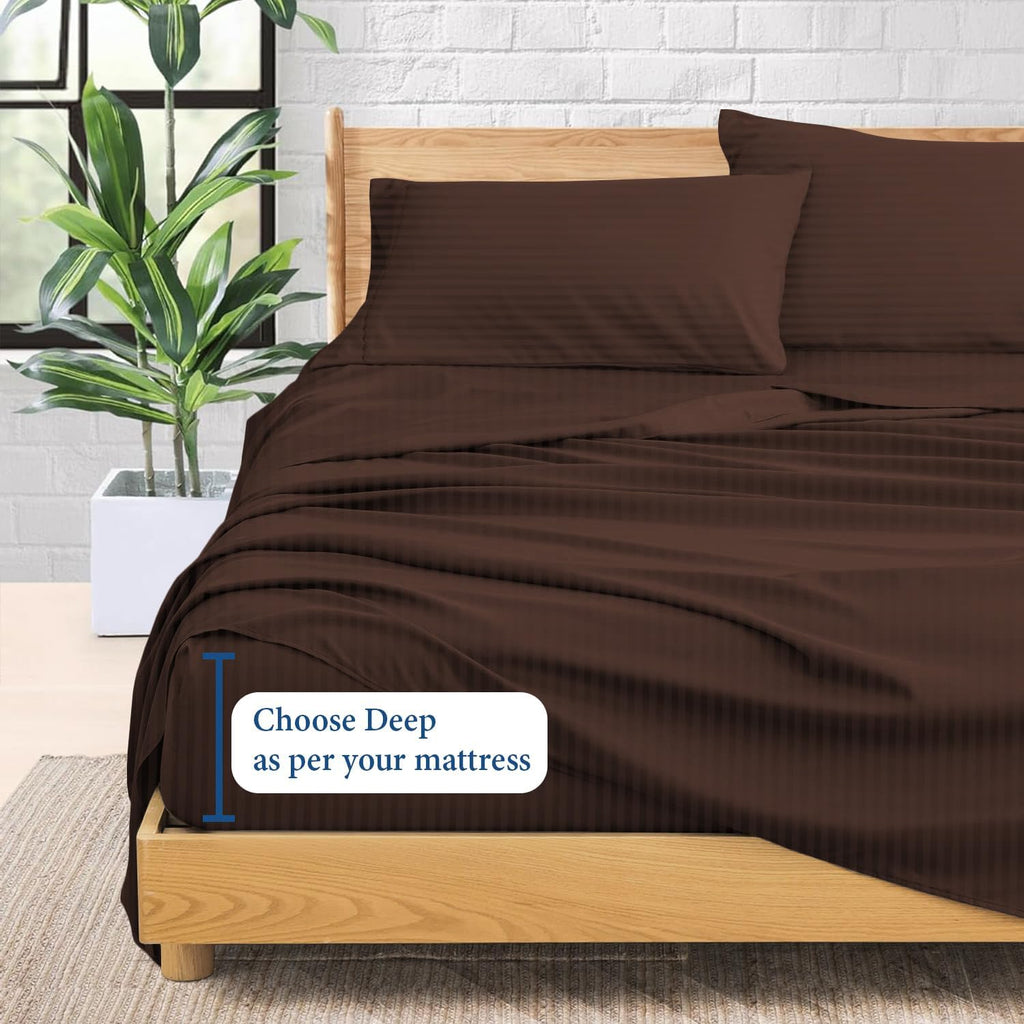 1000 Series- Extra Long Staple 100% Egyptian Cotton Sheet Set,Sateen Weave, Hotel Quality Soft Luxury Bedding, Queen Size 4 Piece Sheet Set Fit 15' Inch to 18' Deep [Stripe Chocolate]