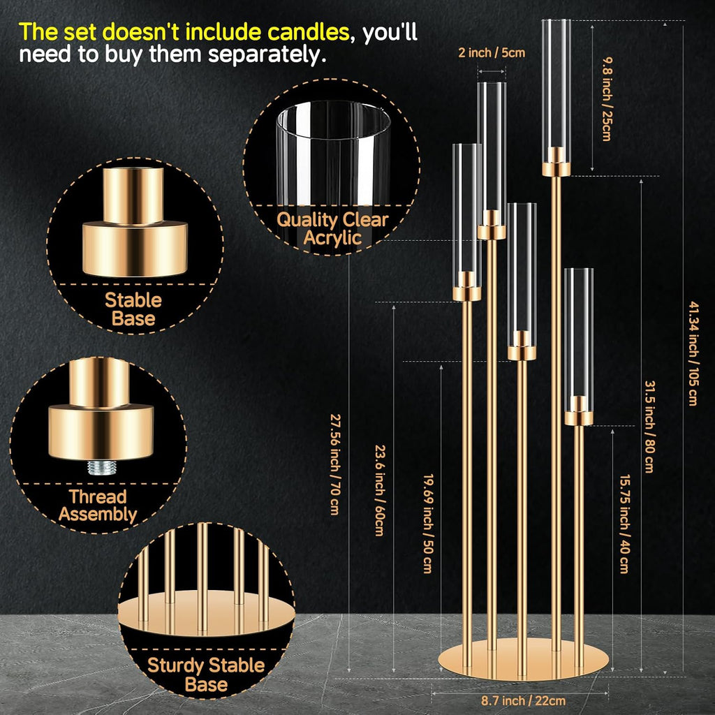 8 Set 5 Arm Golden Candle Holder with Acrylic Lampshade, 41.3'' Tall Candlesticks Holder for Christmas Wedding Housewarming Gift,Metal Candle Holders Candlestick Centerpiece,Fit 0.87'' LED Candle