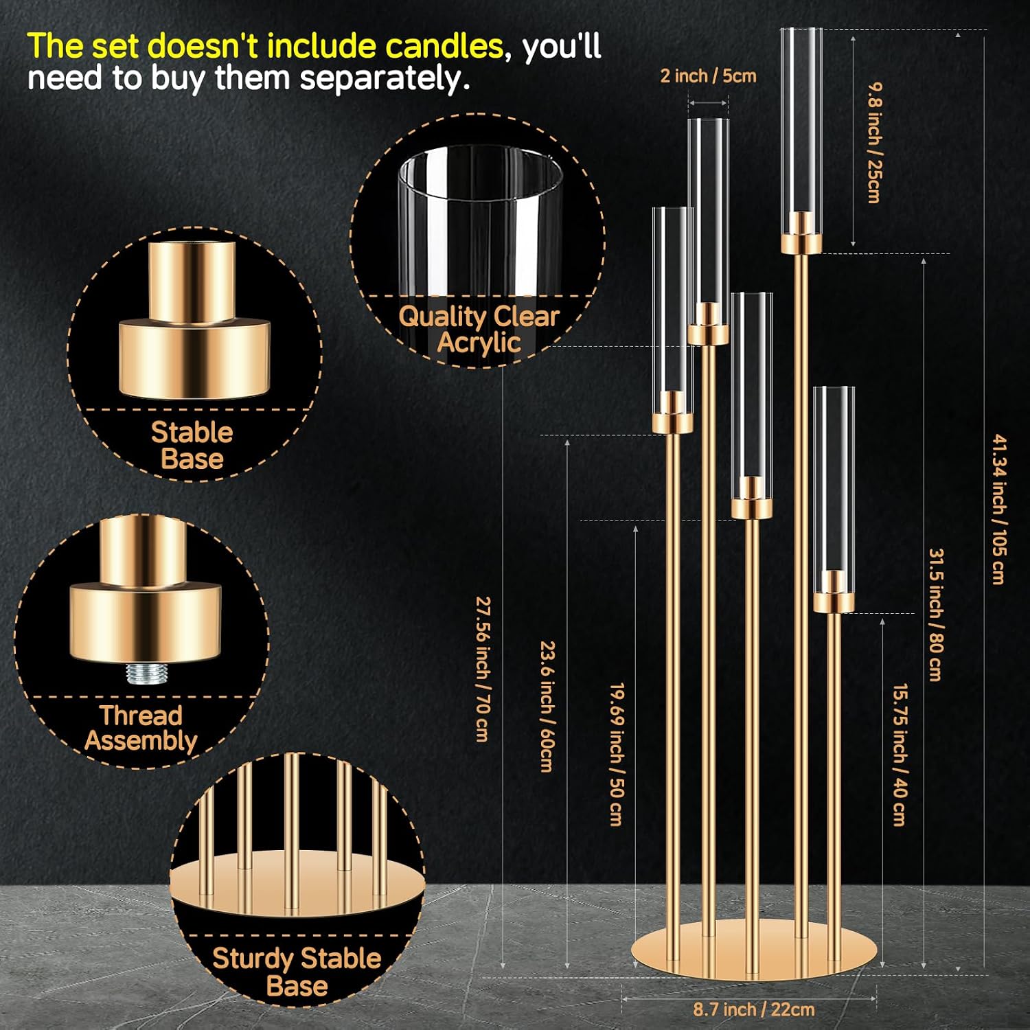 8 Set 5 Arm Golden Candle Holder with Acrylic Lampshade, 41.3'' Tall Candlesticks Holder for Christmas Wedding Housewarming Gift,Metal Candle Holders Candlestick Centerpiece,Fit 0.87'' LED Candle