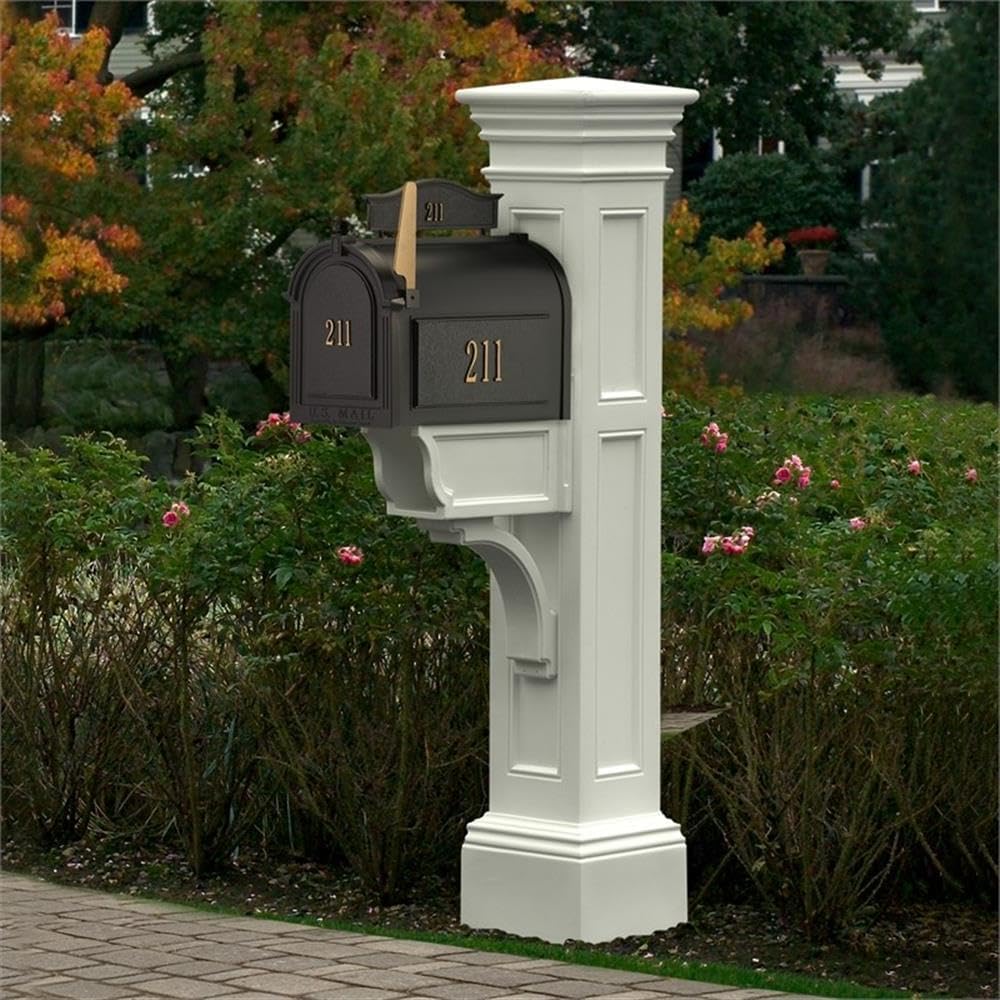 Pemberly Row Weatherproof Plastic Mail Post, Traditional Design, White Finish, 64' H x 14' W x 31' D, UV-Resistant Polyethylene, Includes Hardware, Decorative Sleeve, Newspaper Holder