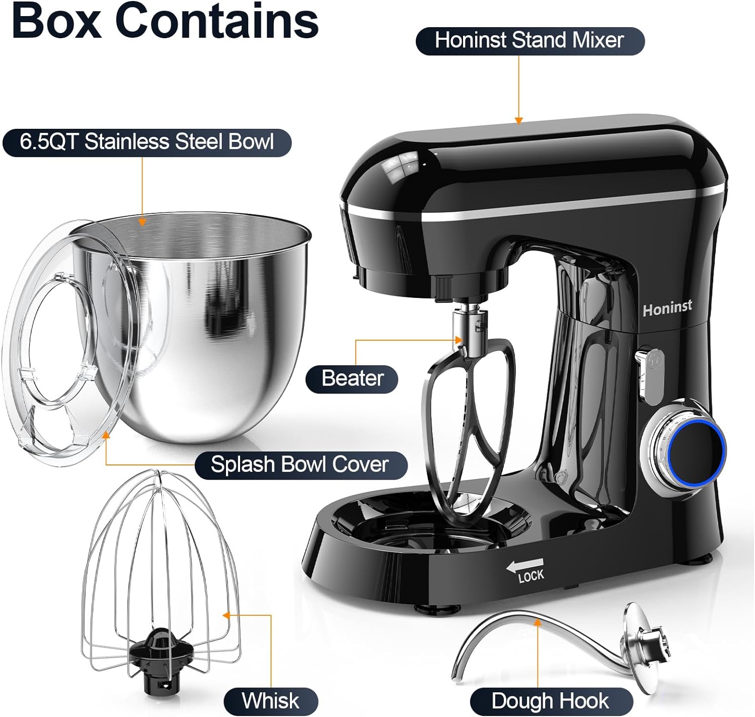 Honinst Stand Mixer, 6.5QT 10-Speed Tilt-Head Electric Stand Mixer, 3-In-1 Kitchen Mixer with Bowl, Dough Hook, Whisk and Beater, Food Mixer for Baking, Cake and Most Home Cooks, Black