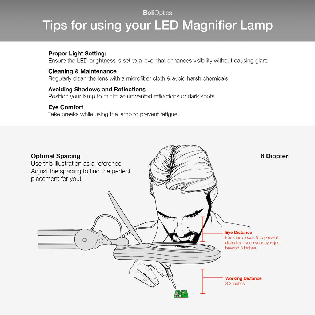 ESD Safe (Glass Lens) Professional LED Magnifying Lamp with Clamp (8 Diopter, 3X) Work Light, 4 Brightness Levels, Daylight Bright, 1200 Lumens, 5600K-6000K, Matte Black, BoliOptics MG16303322