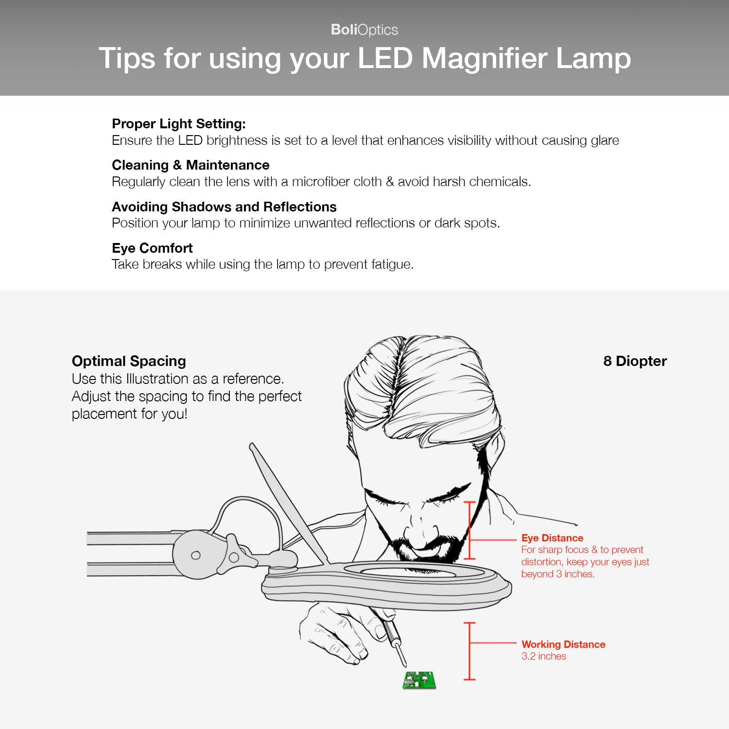 ESD Safe (Glass Lens) Professional LED Magnifying Lamp with Clamp (8 Diopter, 3X) Work Light, 4 Brightness Levels, Daylight Bright, 1200 Lumens, 5600K-6000K, Matte Black, BoliOptics MG16303322