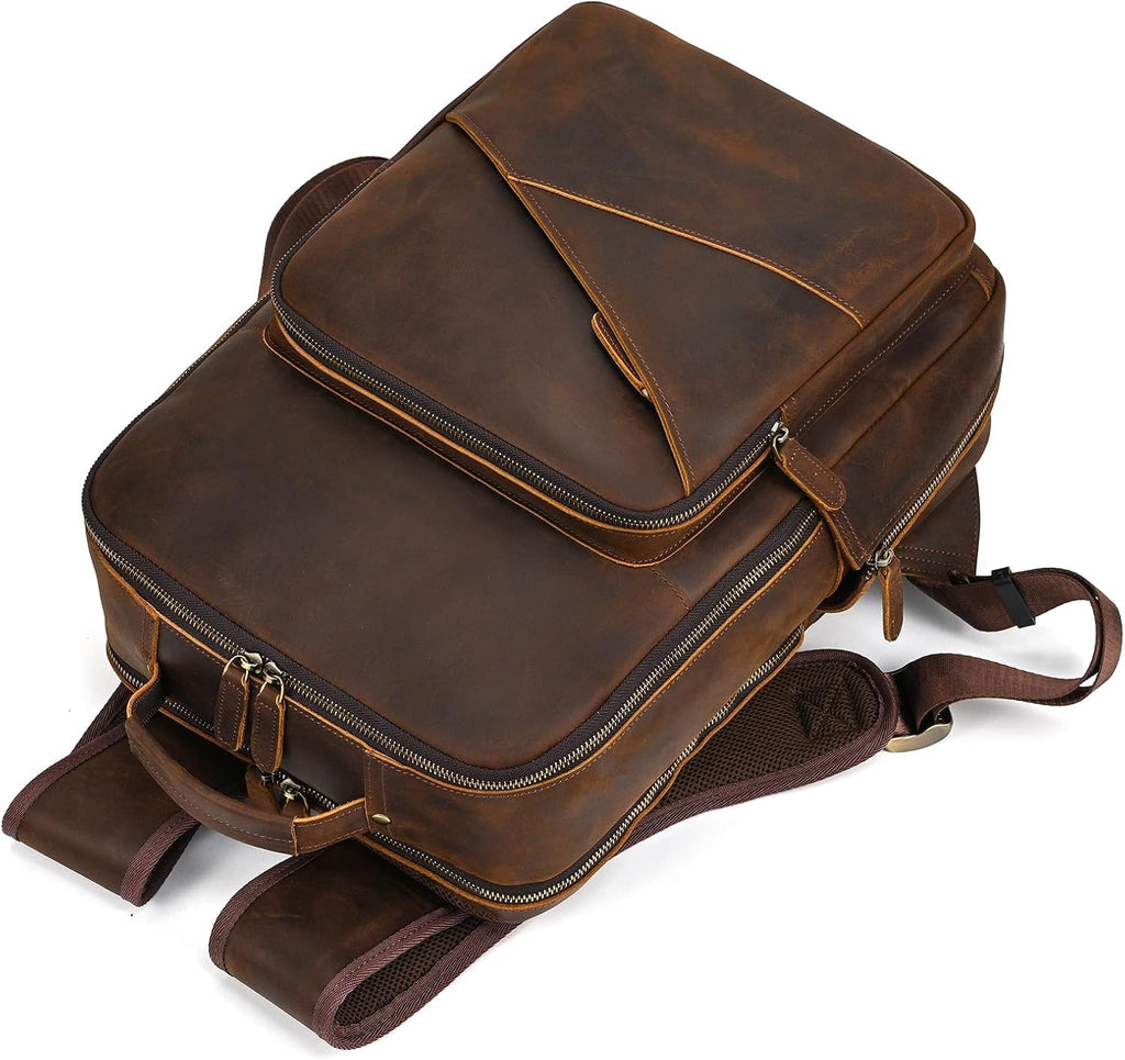 Vintage Full Grain Leather Backpack for Men, 16' Laptop Rucksack For Men Hiking Trave Work Business Bag, Brown