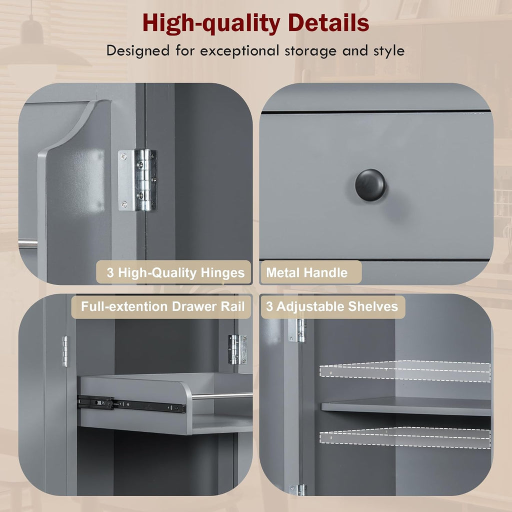 Farmhouse 74.8''H High Freestanding Kitchen Pantry, 53''Lx20''W Wooden Large Cupboard Storage Cabinet with Door Shelves, Adjustable Shelves, Pull-Out Trays and Drawers (Gray-6ds)