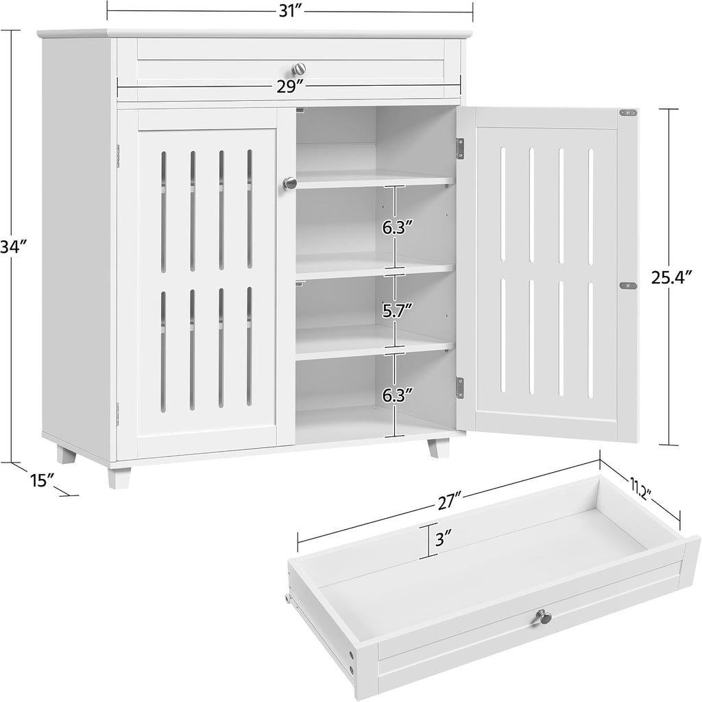Topeakmart Wood Shoe Cabinet, Shoe Rack with 1 Big Drawer & 4 Storage Shelves, Shoe Storage Cabinet with 2 Louvered Door, for Entryway Living Room, White