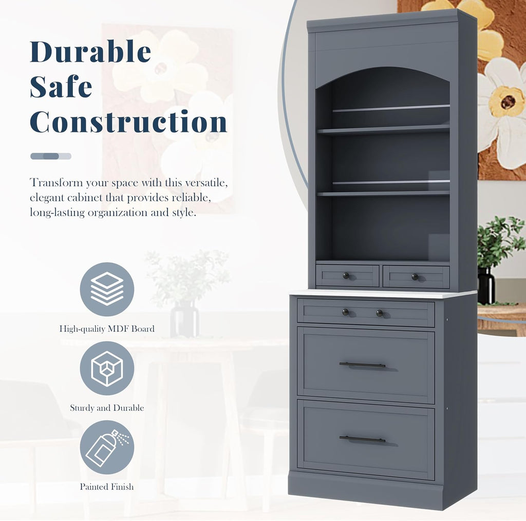 Modern 83.7inch High Kitchen Pantry, Freestanding Tall Kitchen Hutch with Faux Marble Top, Cupboard Cabinet with 5 Storage Drawers and Adjustable Shelf (Gray-4)