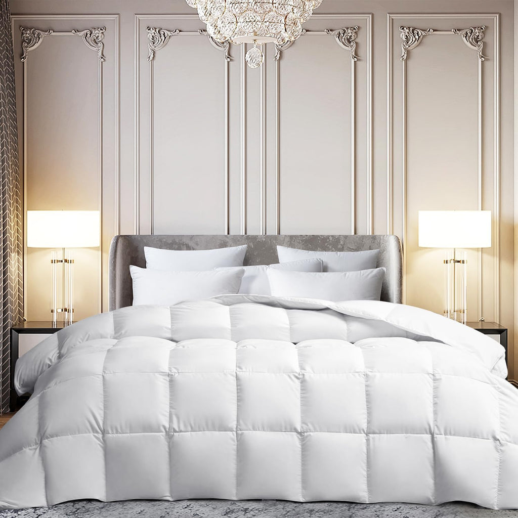 Martha Stewart White Goose Feather Down Fiber Comforter Twin Size- All Season Duvet Insert, Noiseless Fabric with 38oz Filled Luxury Cloud Fluffy Bed Comforter with 8 Corner Loops, White 68x90inch