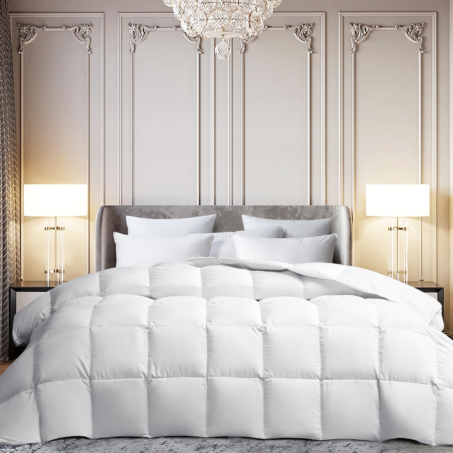 Martha Stewart White Goose Feather Down Fiber Comforter Twin Size- All Season Duvet Insert, Noiseless Fabric with 38oz Filled Luxury Cloud Fluffy Bed Comforter with 8 Corner Loops, White 68x90inch