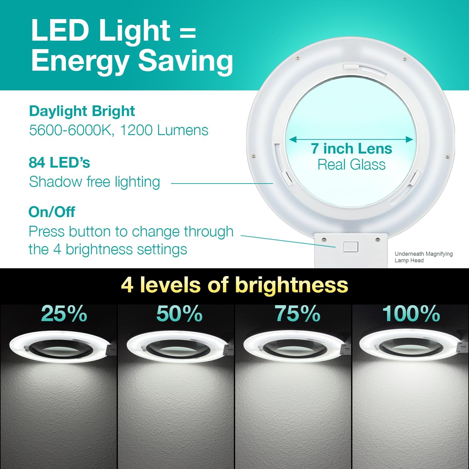 (7 inch Glass Lens) 2.25X, 5 Diopter, Professional LED Magnifying Lamp with Clamp, 4 Brightness Levels, 5600-6000K Daylight Bright, 1200 Lumens, 84 SMD LEDs, Adjustable Arm, BoliOptics MG16304321