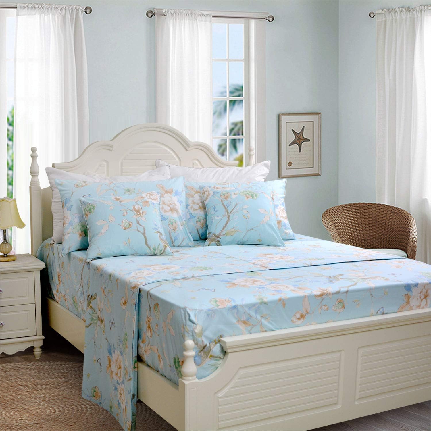 FADFAY Floral Bedding Shabby Blue Bird Print Bed Sheet Set Luxury Bedding Collections 800 Thread Count 100% Egyptian Cotton Deep Pocket, 4 Piece-Queen Size