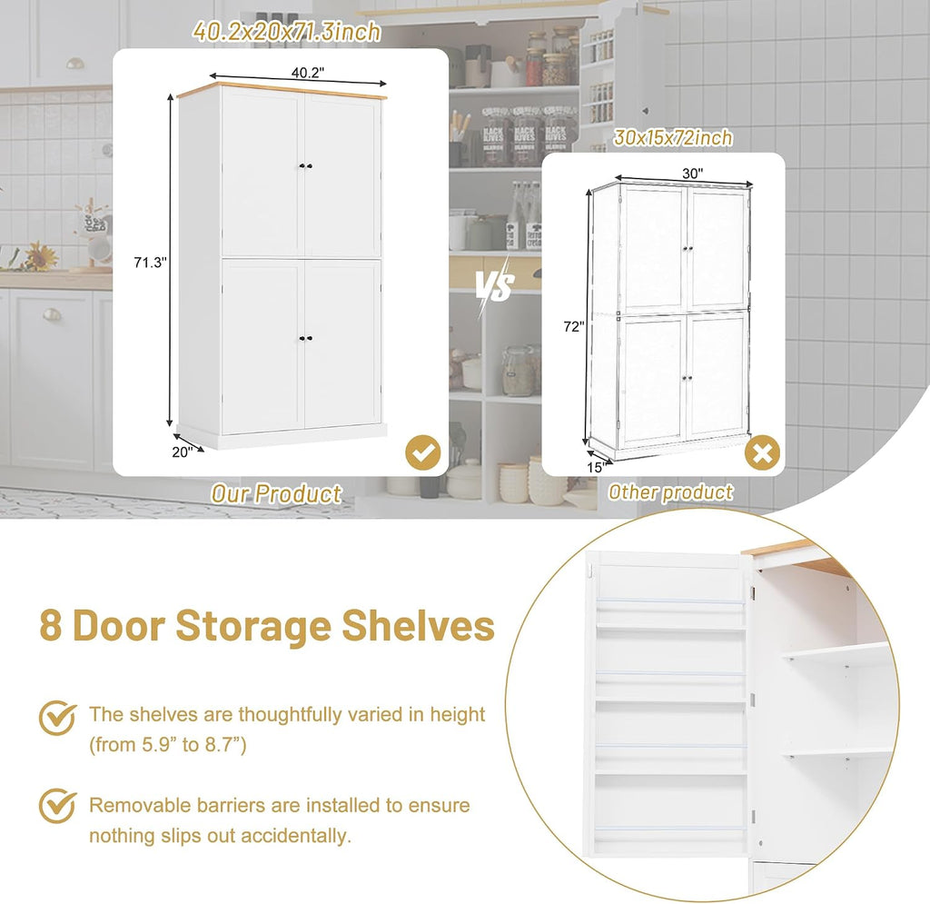 71.3inch Farmhouse Kitchen Pantry, Freestanding Large Cupboard Storage Cabinet with 2 Drawers and 2 Adjustable Shelves, Wood Storage Cabinet with 8 Door Shelves for Kitchen, Dining Room (White-2)