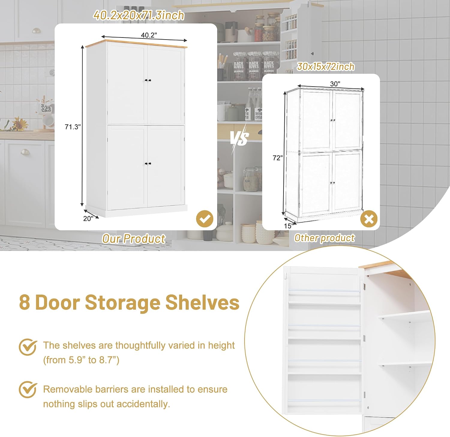 71.3inch Farmhouse Kitchen Pantry, Freestanding Large Cupboard Storage Cabinet with 2 Drawers and 2 Adjustable Shelves, Wood Storage Cabinet with 8 Door Shelves for Kitchen, Dining Room (White-2)