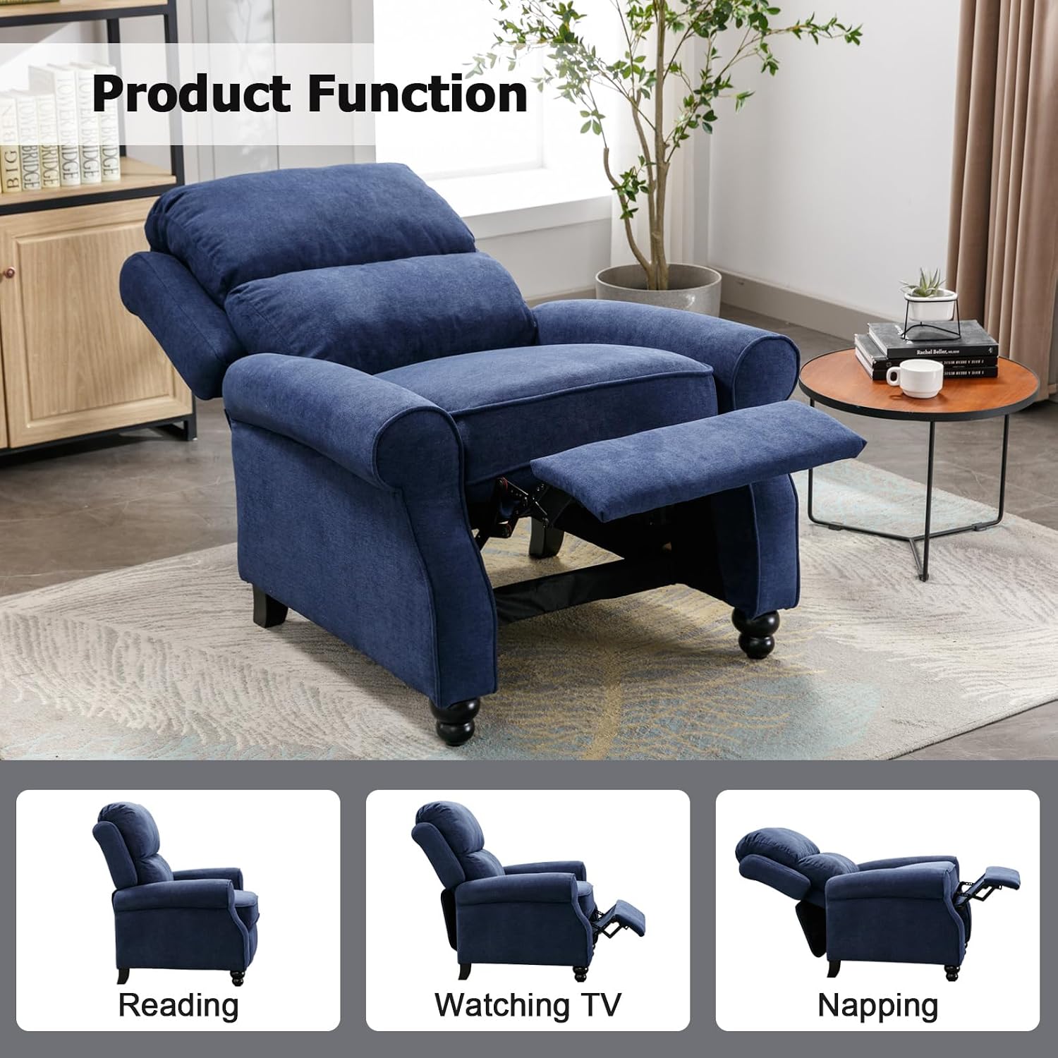 IOMOR Push Back Recliner Chair, Fabric Armchair Overstuffed Pushback Recliner, Heavy Duty Single Sofa Chair with Padded Seat Solid Wood Legs for Living Room (Blue)